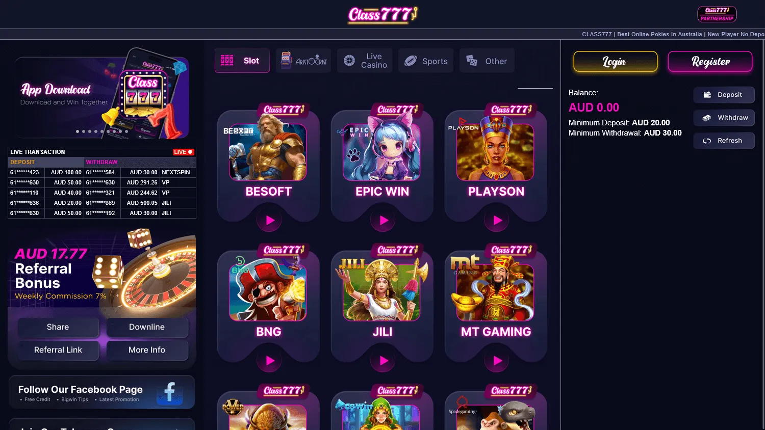 Class777 Casino home screen on desktop