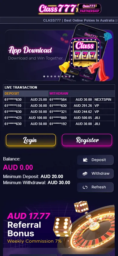 Class777 Casino games platform on a mobile device